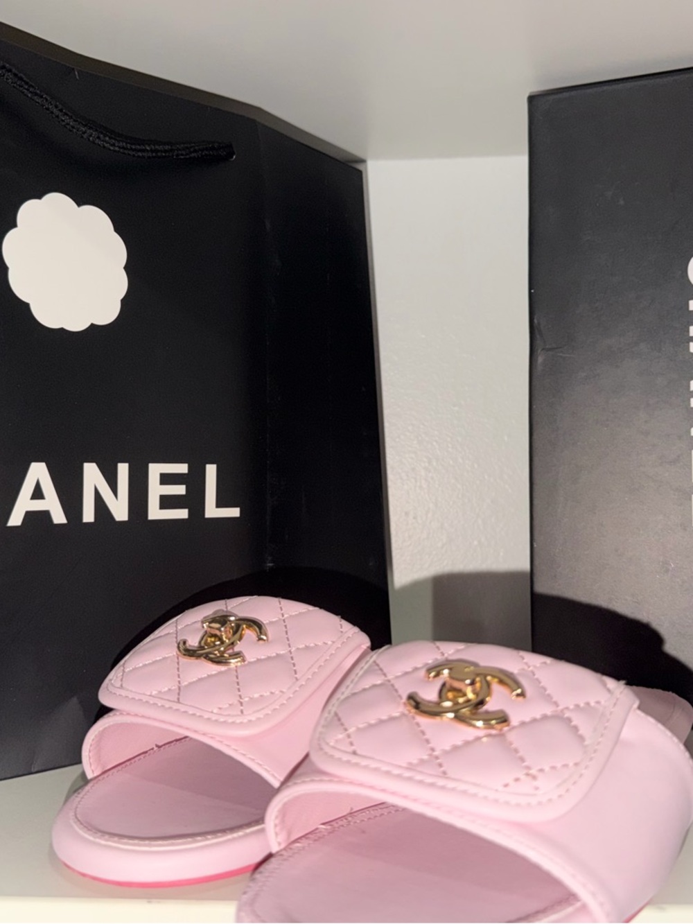 CHANEL Light Pink Logo Slide Sandals with Gold Accents